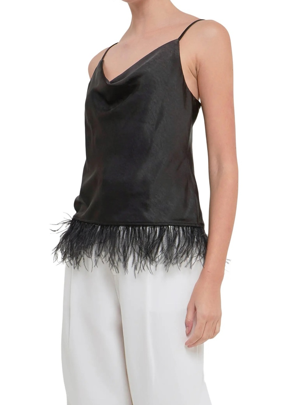 Endless Rose Black Cowl-Neck Feather Trim Camisole